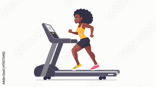 Afro american girl running on treadmill isolated. vector