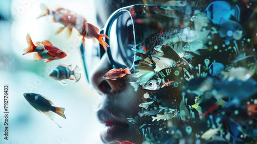 A woman wearing glasses peers into the water, observing fish swimming gracefully in their natural habitat photo