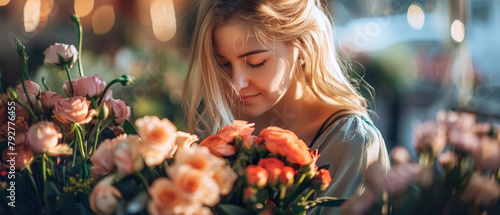A beautiful young woman with blonde hair smiles as she smells a bouquet of roses. photo