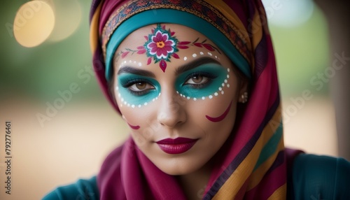 A woman with a colorful face paint and a head scarf - Cinematic