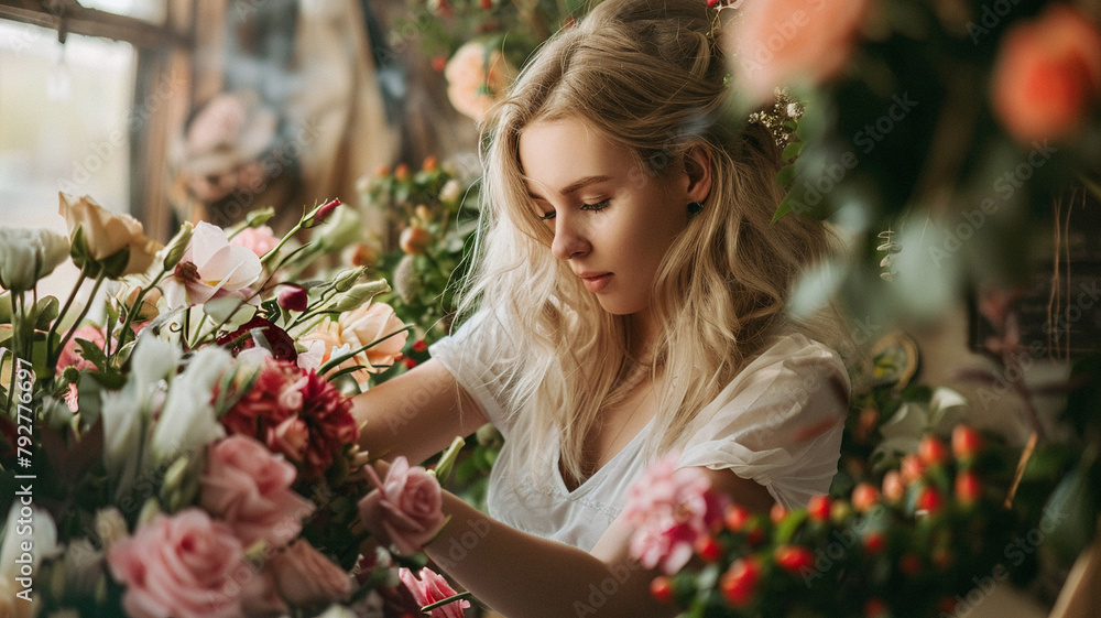 A beautiful young woman with long blond hair is working in a flower shop. She is carefully arranging a bouquet of flowers. She is wearing a white dress and has a gentle smile on her face.