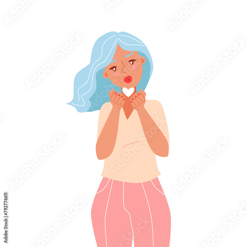 Beautiful girl blows a kiss. Sincere character. Vector illustration