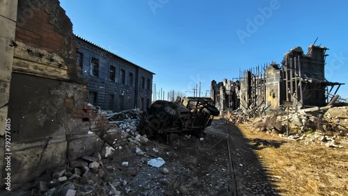 City destroyed by war in a postapocalyptic world - panning daytime photo