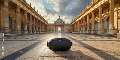 Virtual Reality Headset in Sunlit Palace Courtyard