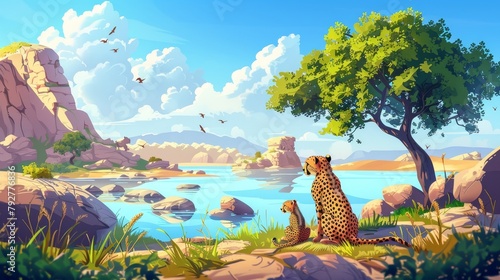 Modern cartoon illustration depicting an African leopard pride on a savannah landscape. There is a lake in the desert, a lush green forest and grasses, stones on the horizon, and a blue sky in the photo