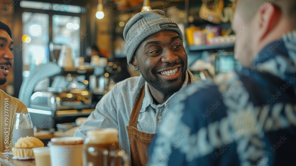 A black man wearing a gray beanie and a blue apron smiles while talking to someone. A black man wearing a gray beanie and a blue apron smiles while talking to someone.