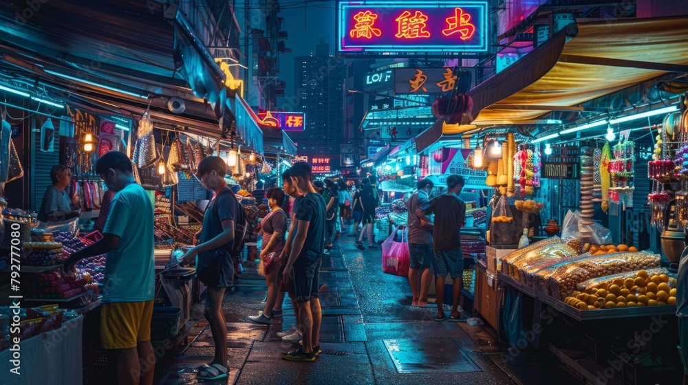 A bustling night market illuminated by neon lights with vendors selling colorful goods, surrounded by a group of people