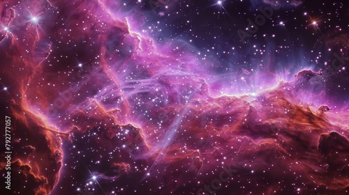 An intricate network of glowing tendrils stretches across the cosmic expanse in this closeup of a grand nebula pulsating with energetic bursts of pink and purple light. . photo