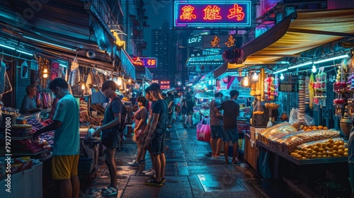 A bustling night market illuminated by neon lights with vendors selling colorful goods, surrounded by a group of people © Ilia Nesolenyi