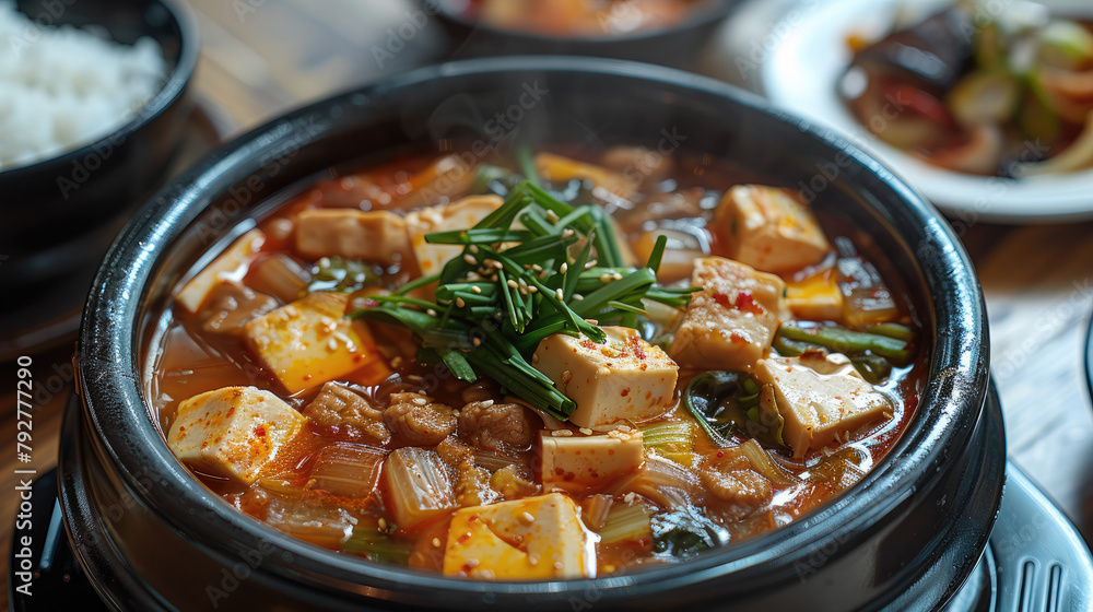 Kimchi stew with tofu, pork and various vegetables. Generative AI.