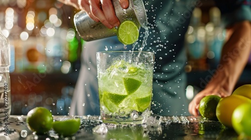 A person pouring a lime into a glass to prepare a tangy cocktail, captured during the process of making a refreshing drink like a margarita or mojito photo