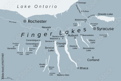 Finger Lakes region in New York State, United States, gray political map, with most important cities. Group of eleven long, narrow, roughly south-north lakes, located directly south of Lake Ontario. photo