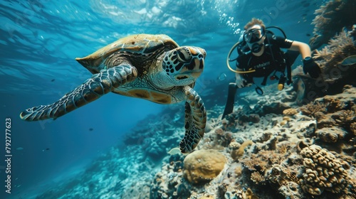 A scuba diver swims next to a sea turtle in the ocean.