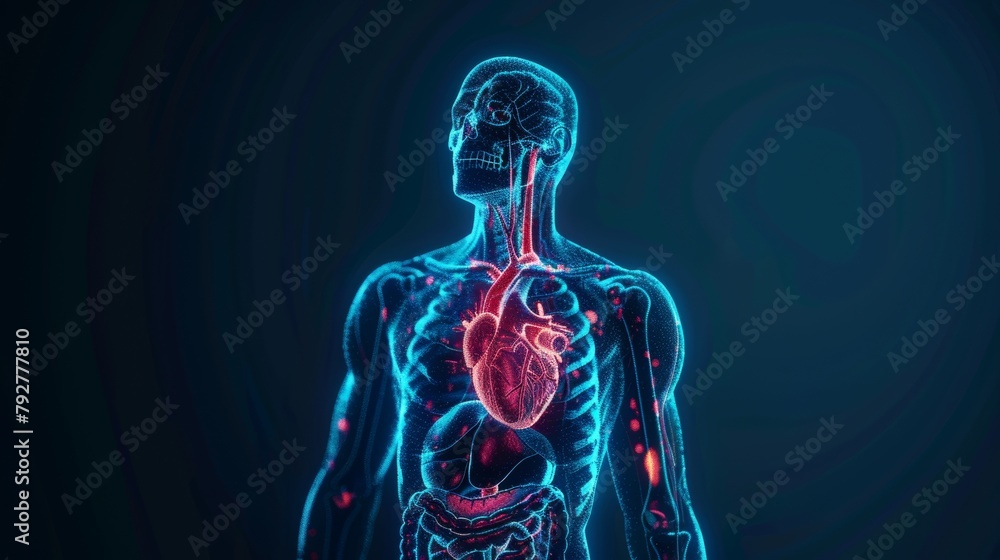 Cardiovascular system in skeleton of a healthy body on a black glowing background as medical health care symbol.
