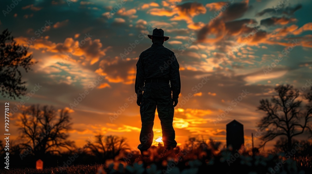 A soldier stands alone in a field of flowers as the sun sets behind him.