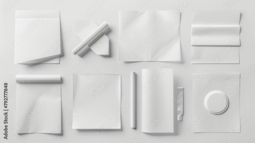 An assortment of blank white papers on a white background, each shot separately. An assortment of blank white papers on a white background, each shot separately.