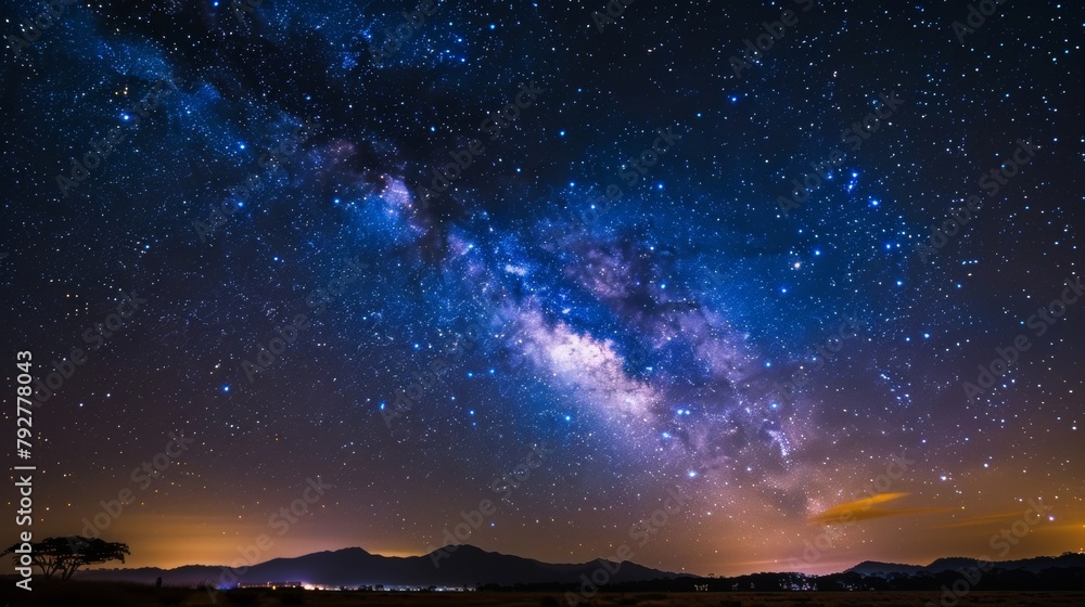 A camera capturing a stunning image of the Milky Way stretching across the sky taken from the serene and remote location of a Dark Sky Sanctuary. 2d flat cartoon.