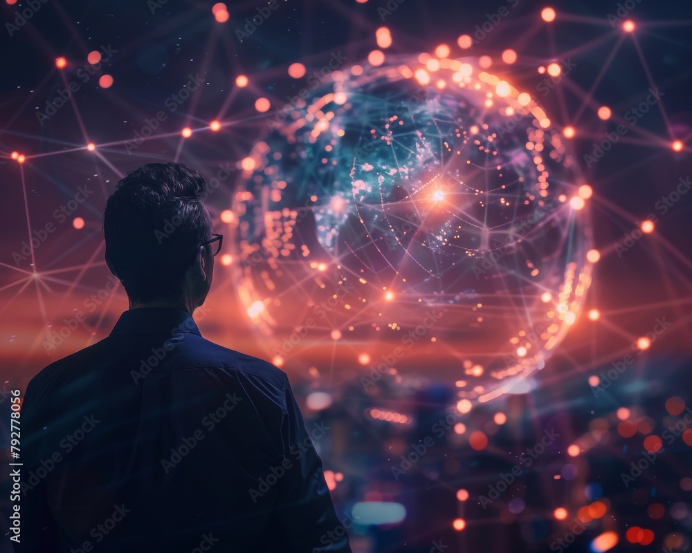 A visionary philanthropist gazes at a glowing globe of connected crypto networks