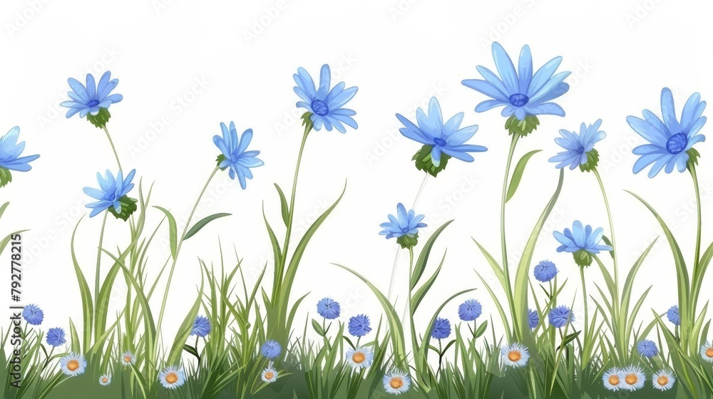 A white background with flowers such as chamomile and cornflowers