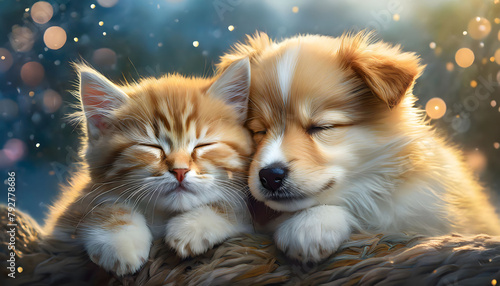 Sleeping Kitten and Puppy Cuddled Together