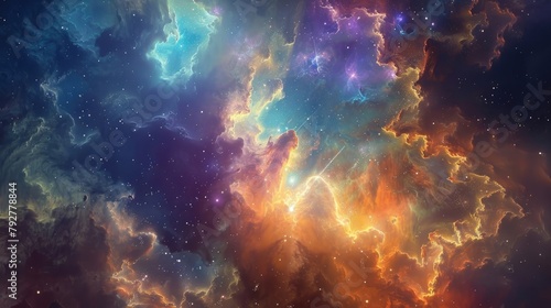 An abstract representation of cosmic harmony  with interstellar gas clouds and stellar nurseries blending together in a symphony of colors and light.