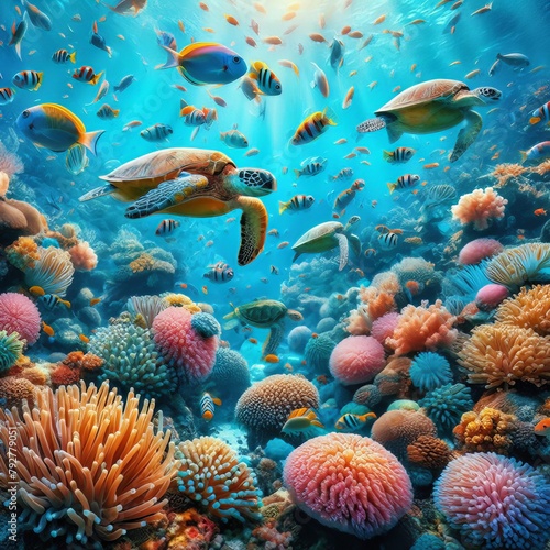 Majestic Sea Turtles in Vibrant Reef Scene