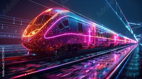 Digital low poly wireframe of futuristic high-speed train.