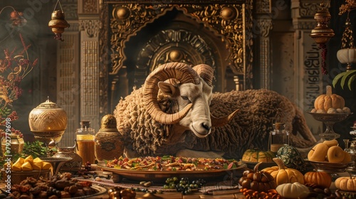 Ram in Opulent Traditional Feast Setting, A ram reclines among lavish Middle Eastern dining arrangements with intricate golden decorations. photo