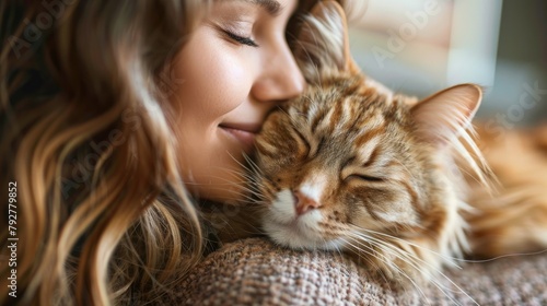 A young woman is hugging an orange cat. The woman has her eyes closed and is smiling. The cat is sleeping.