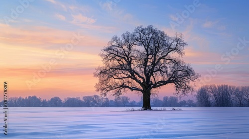 A lonely oak tree stands tall in a snowy field, creating an amazing winter panorama. The beautiful, colorful scene unfolds during the evening or morning. © lara