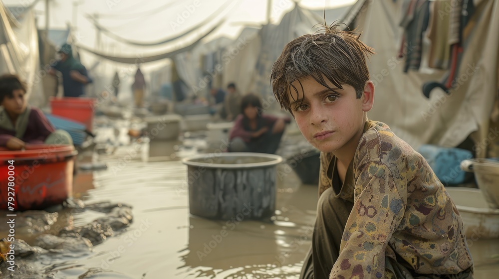 An Afghan boy sits in a flooded street of a refugee camp. An Afghan boy sits in a flooded street of a refugee camp.