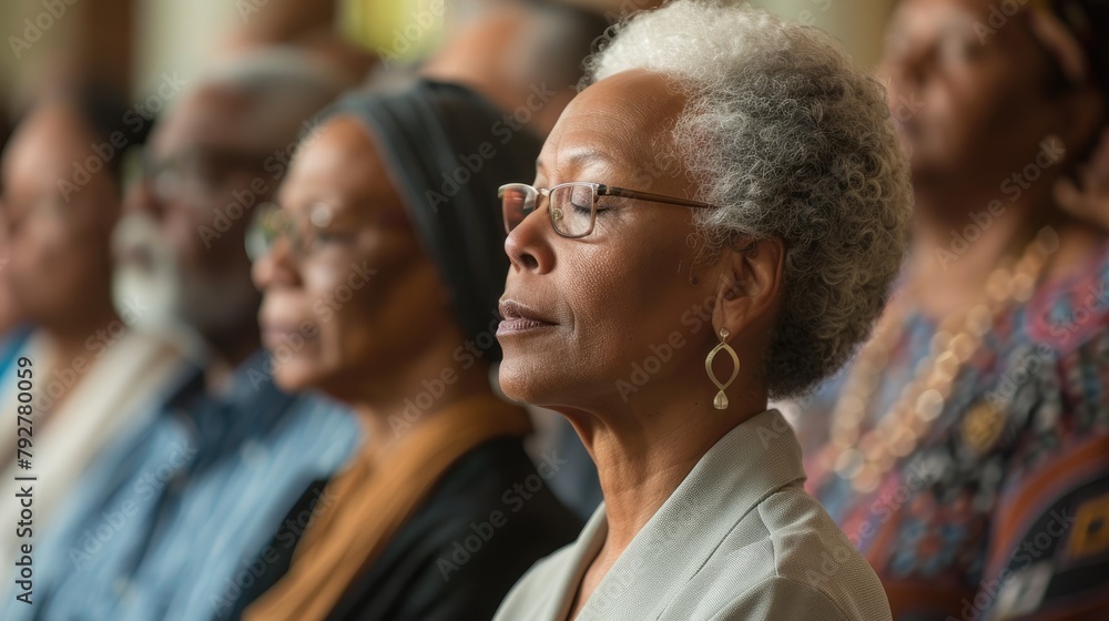 Fototapeta premium An elderly black woman sits in a pew with her eyes closed and hands folded in her lap.