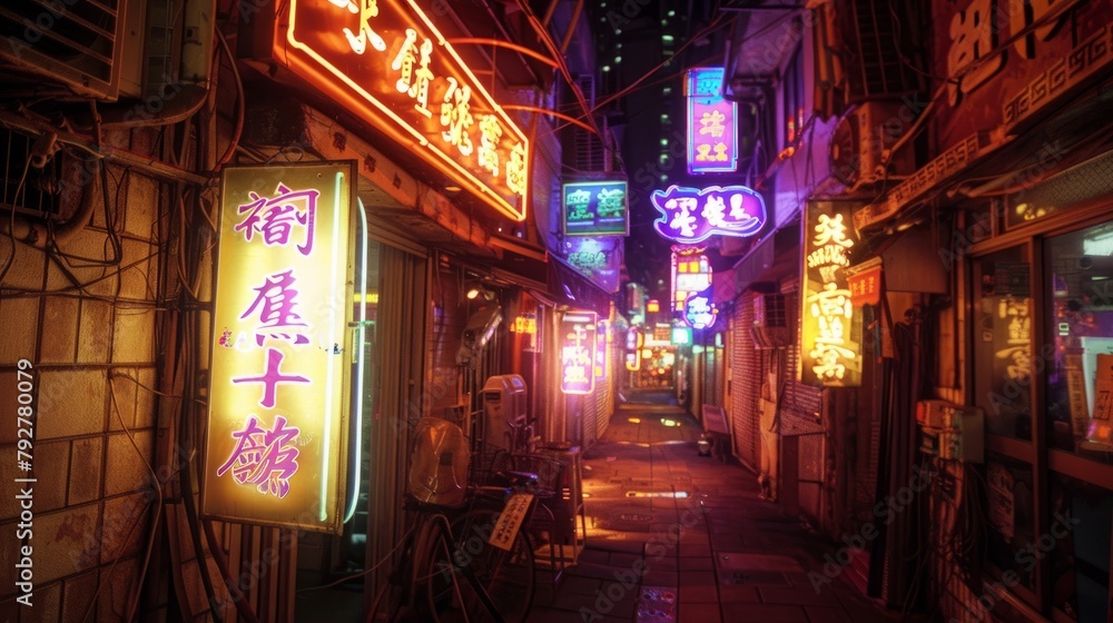 A shot of a narrow alleyway brightened by neon signs on the buildings, creating a vibrant and energetic atmosphere
