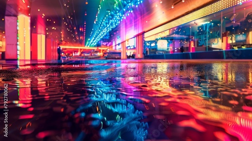 A brightly lit building casts its vibrant colors onto the calm water surface, creating a mesmerizing reflection