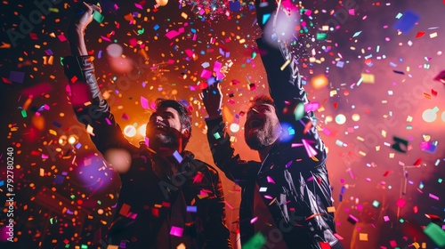 Two men joyfully celebrating together, standing amidst colorful confetti during a lively New Years party