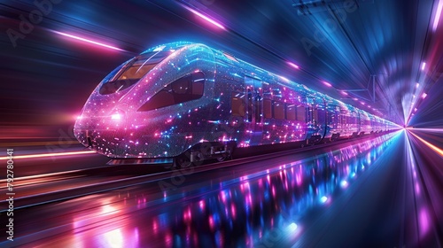 Digital low poly wireframe of futuristic high-speed train. photo