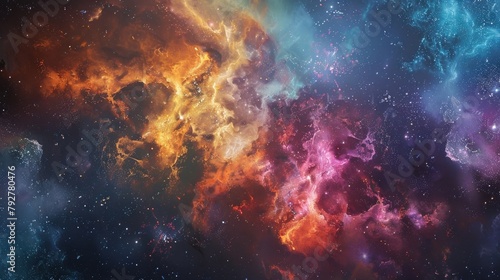 An abstract representation of cosmic harmony, with interstellar gas clouds and stellar nurseries blending together in a symphony of colors and light.