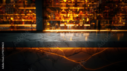 Dark marble bar counter and shelves with numerous bottles