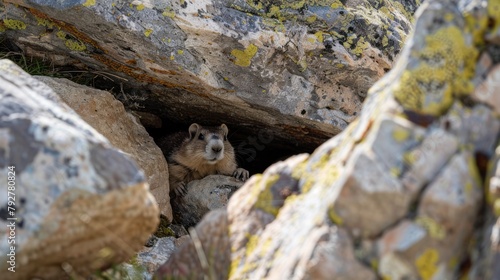 Marmot coming out of its hiding place hidden in the rocks AI generated