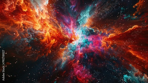 An abstract representation of a supernova explosion, with colorful shockwaves rippling through space in a spectacular display of cosmic power. photo