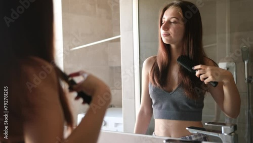 Teenage Girl Combing Her Hair In The Bathroom Mirror In The Morning After Waking Up photo