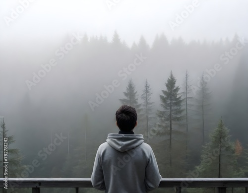 Anonymous traveler concept A young man in a gray hoodie overlooking a foggy forest landscape