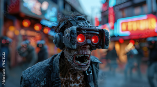 Zombie monster wearing virtual realty headset, cyberpunk nightmare