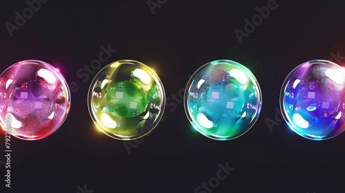 A modern illustration of bursting soap bubbles  realistic transparent rainbow colored air spheres with reflections and highlights presented on a black background.