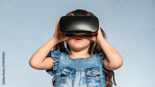 Little girl exploring new world with virtual reality headset, studio shot on blue background © Kondor83