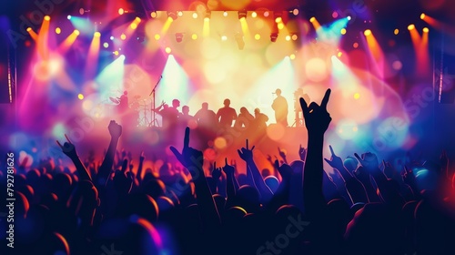 A crowd of people standing on a stage, silhouetted against vibrant stage lights in a concert setting