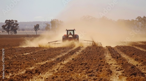 Dust kicks up behind a powerful biofueloperated plough as it makes its way through a dry barren field. The impact of biofuels on agriculture and the environment is evident in the transformation .