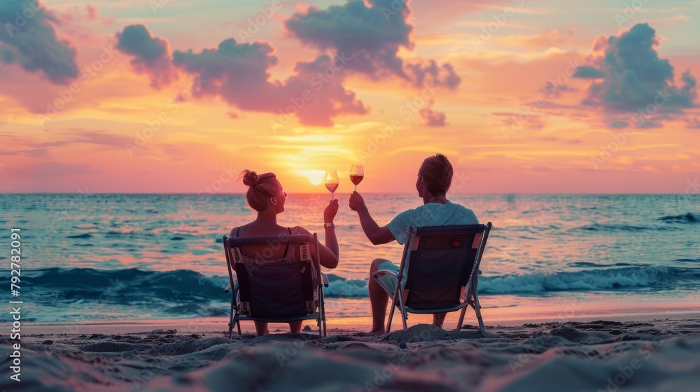 Two friends sitting in lawn chairs on a beach at sunset, enjoying a wine toast with a beautiful view of the ocean
