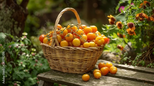 A basket filled with tomatoes sitting on a wooden bench outdoors