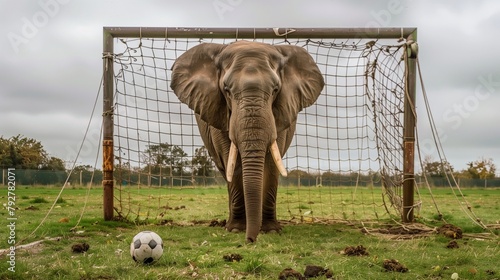 A majestic elephant goalie guarding the goalposts with its towering presence during a football match